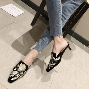 Suede Embroidered Small Square Heel Sandals